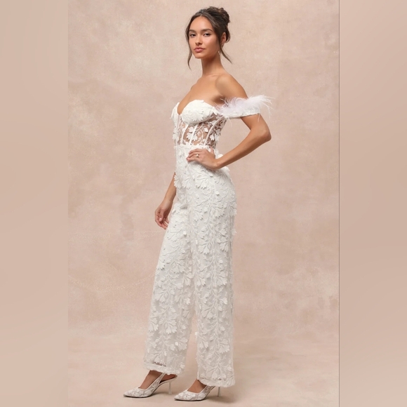 Lulus Midnight Sparkle White Mesh Embroidered Feather Bustier Jumpsuit XL Bridal - Picture 4 of 9